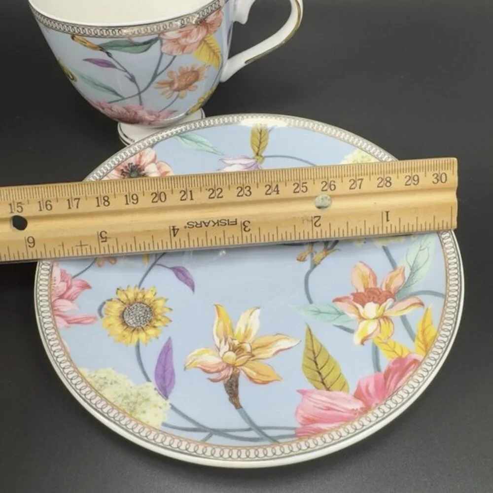 Shabby Chic Fine Porcelain Teacup And Saucer‎ Set Tea Cup Plate Blue Floral Bird